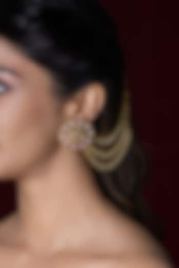 Gold Finish Kundan Polki & Red Stone Stud Earrings With Ear Chains by Joules By Radhika at Pernia's Pop Up Shop