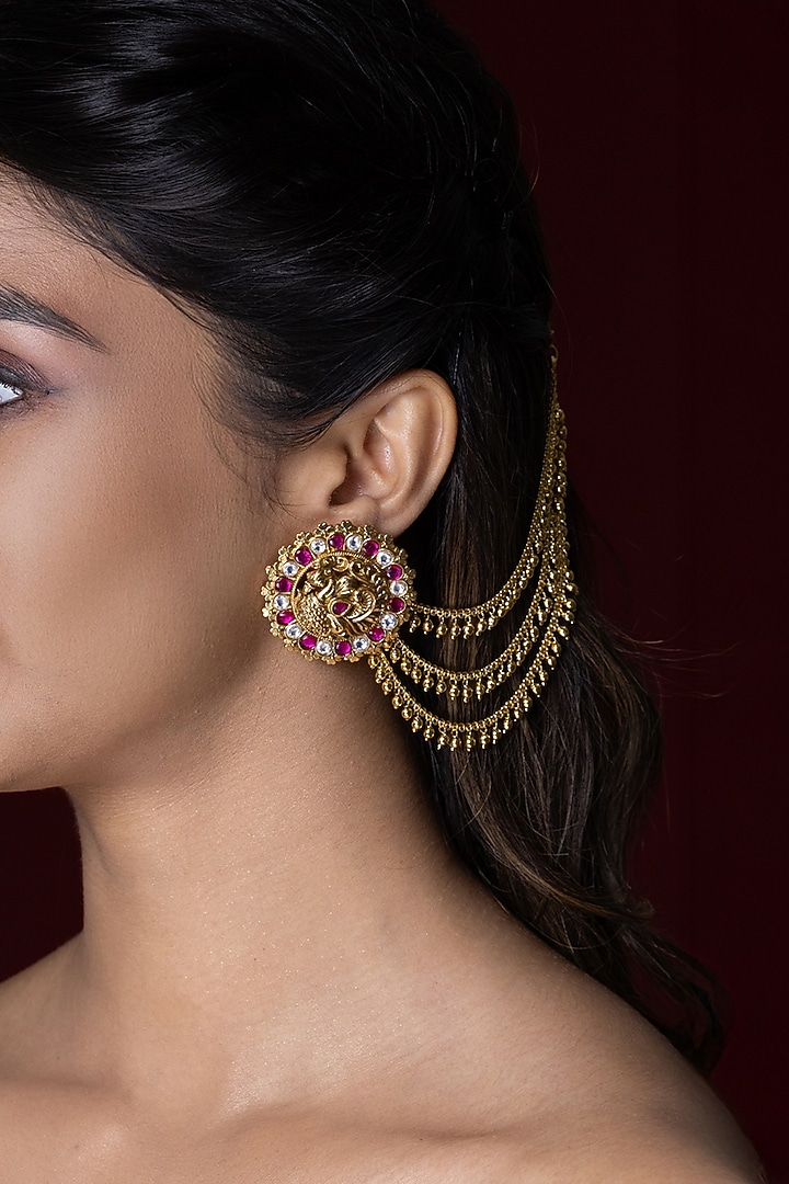 Gold Finish Kundan Polki & Red Stone Stud Earrings With Ear Chains by Joules By Radhika at Pernia's Pop Up Shop