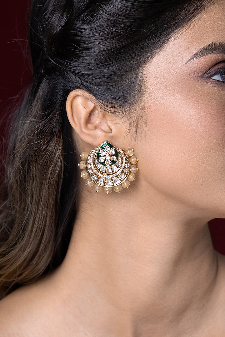 Gold Finish Green Kundan Polki Stud Earrings by Joules By Radhika at Pernia's Pop Up Shop