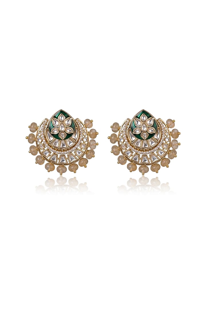 Gold Finish Green Kundan Polki Stud Earrings by Joules By Radhika at Pernia's Pop Up Shop