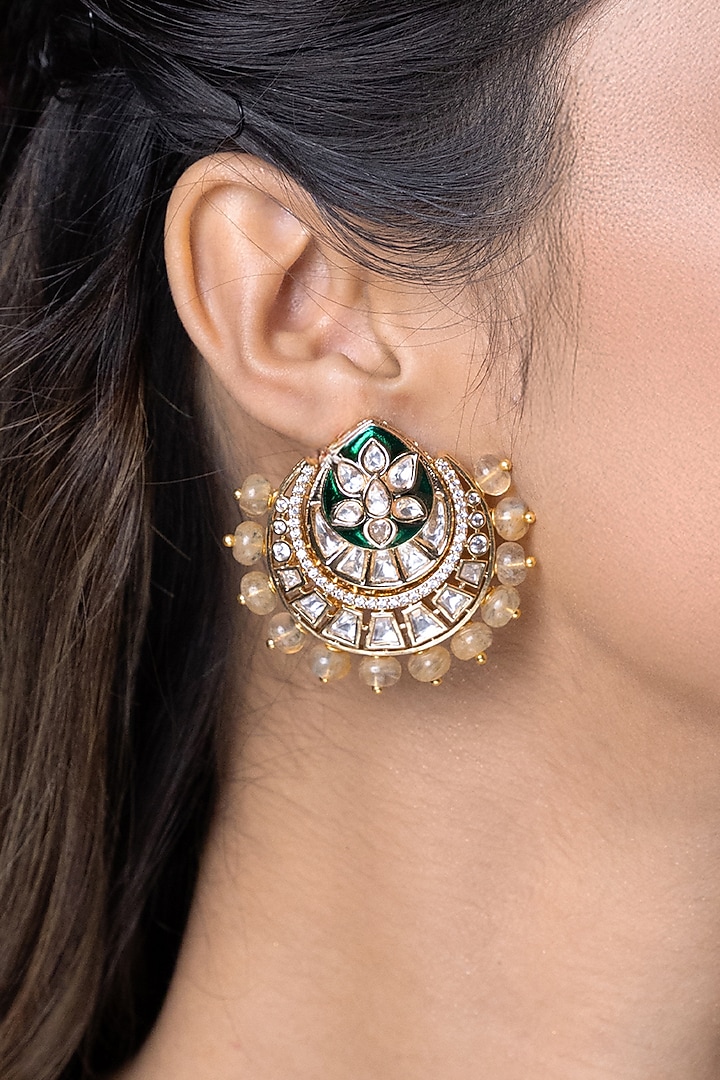 Gold Finish Green Kundan Polki Stud Earrings by Joules By Radhika at Pernia's Pop Up Shop