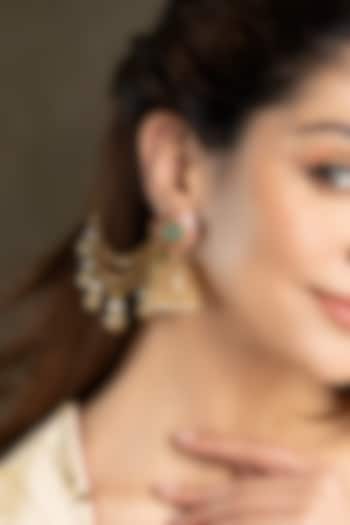 Gold Finish Pink Kundan Polki & Green Stone Jhumka Earrings With Ear Chains by Joules By Radhika at Pernia's Pop Up Shop