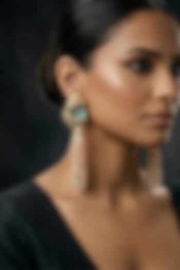Gold Finish Blue Stone & Gold Beaded Dangler Earrings by Joules By Radhika at Pernia's Pop Up Shop