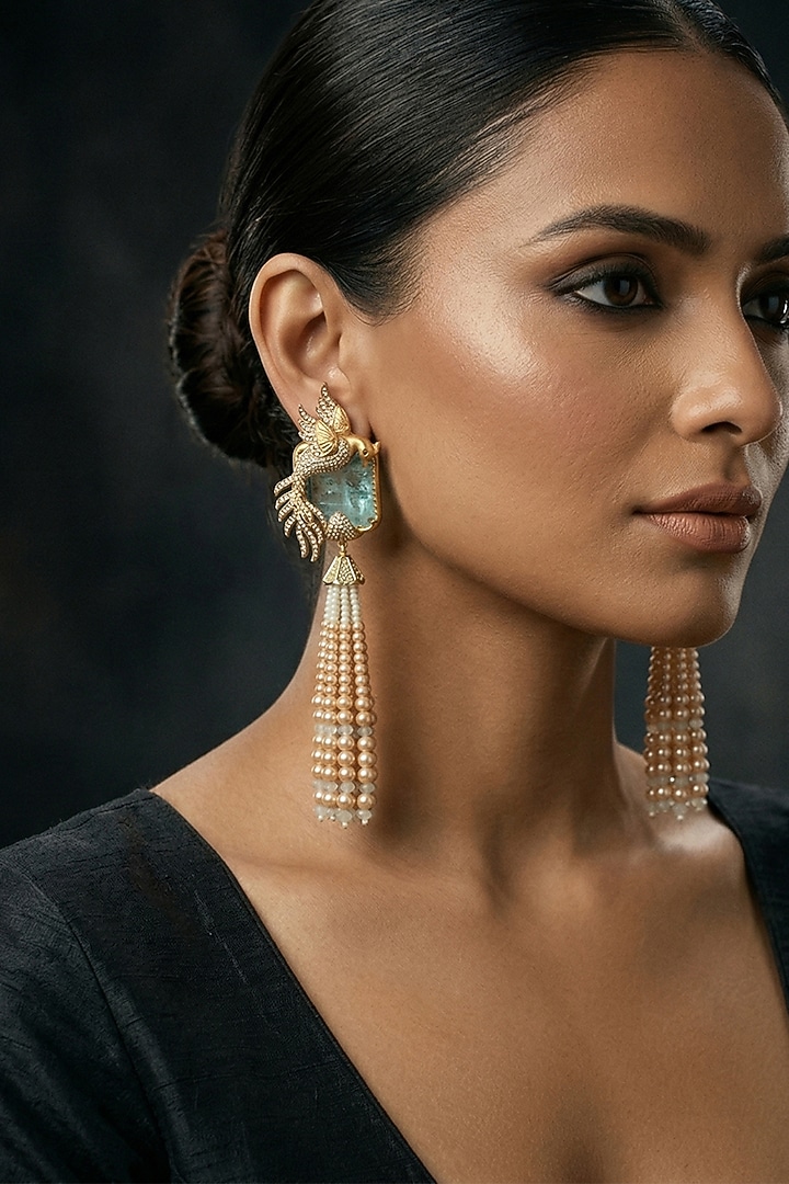 Gold Finish Blue Stone & Gold Beaded Dangler Earrings by Joules By Radhika at Pernia's Pop Up Shop