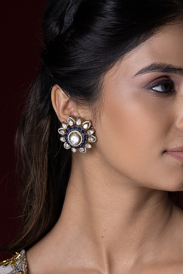 Gold Finish Green Kundan Polki Stud Earrings by Joules By Radhika at Pernia's Pop Up Shop