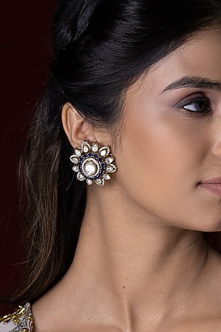 Gold Finish Green Kundan Polki Stud Earrings by Joules By Radhika