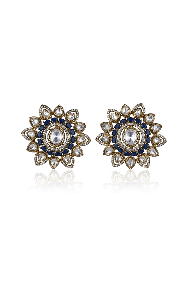 Gold Finish Green Kundan Polki Stud Earrings by Joules By Radhika at Pernia's Pop Up Shop