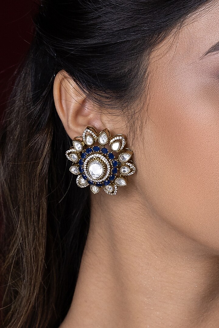 Gold Finish Green Kundan Polki Stud Earrings by Joules By Radhika at Pernia's Pop Up Shop
