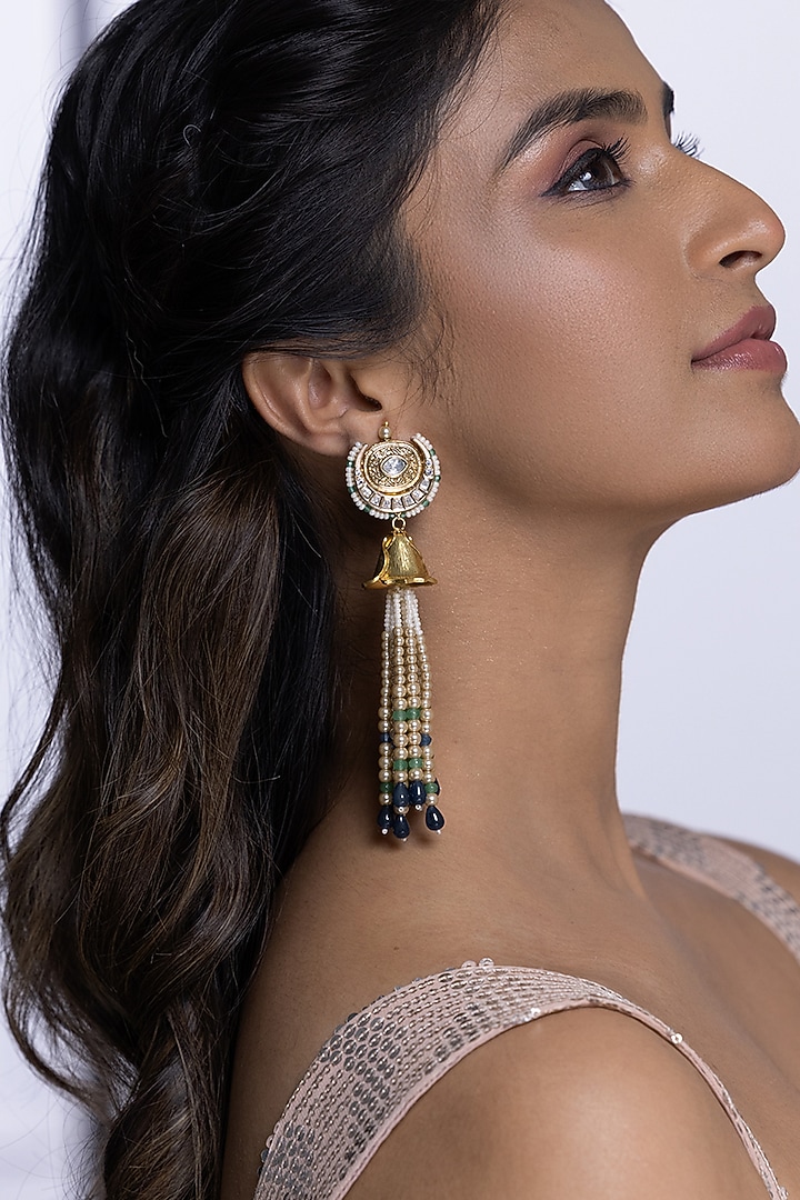 Gold Finish Kundan Polki & Multi-Colored Beaded Dangler Earrings by Joules By Radhika at Pernia's Pop Up Shop
