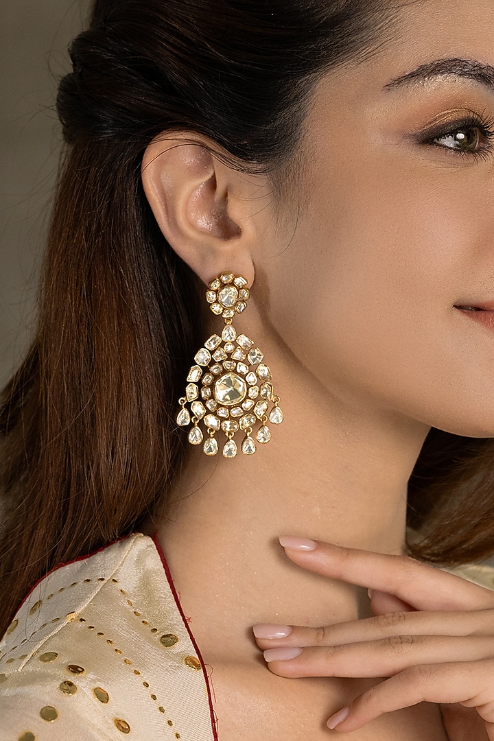 Gold Finish Kundan Polki Dangler Earrings by Joules By Radhika at Pernia's Pop Up Shop