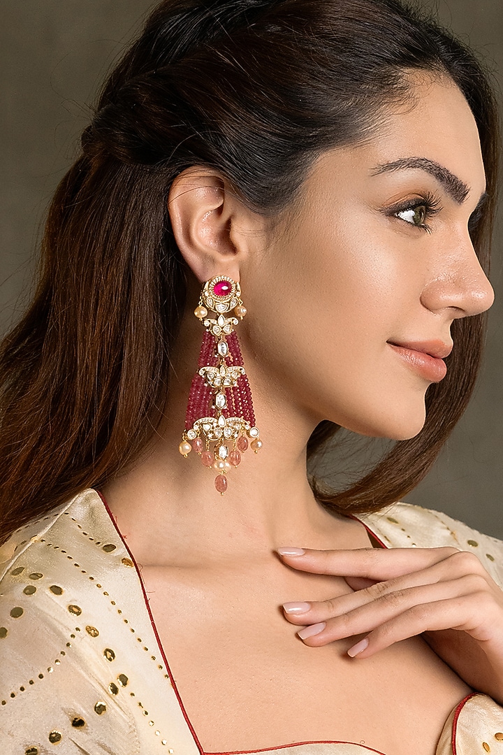 Gold Finish Kundan Polki & Red Beaded Dangler Earrings by Joules By Radhika at Pernia's Pop Up Shop
