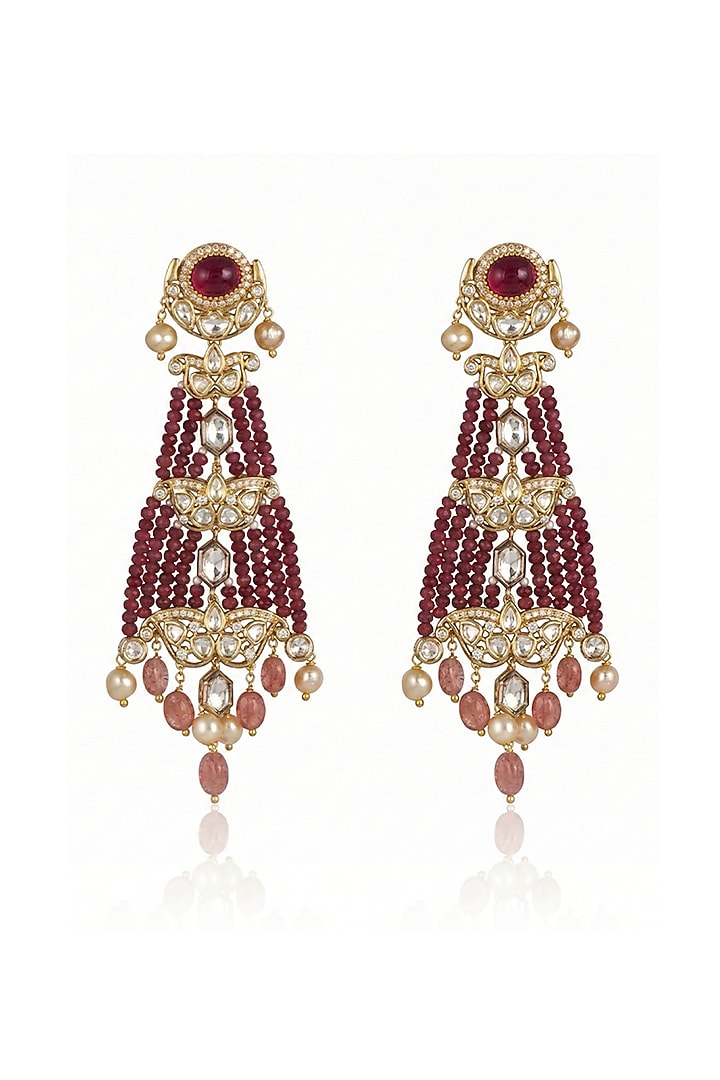 Gold Finish Kundan Polki & Red Beaded Dangler Earrings by Joules By Radhika at Pernia's Pop Up Shop