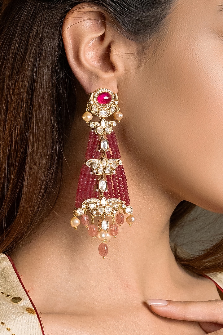 Gold Finish Kundan Polki & Red Beaded Dangler Earrings by Joules By Radhika at Pernia's Pop Up Shop