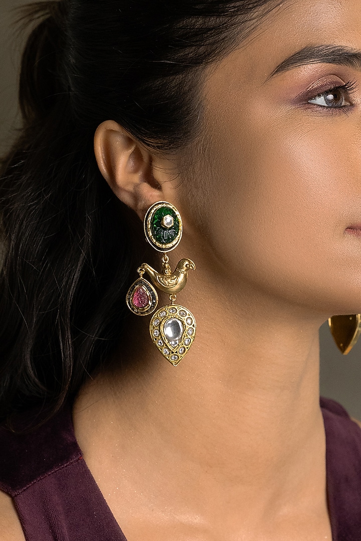 Gold Finish Kundan Polki Dangler Earrings by Joules By Radhika at Pernia's Pop Up Shop