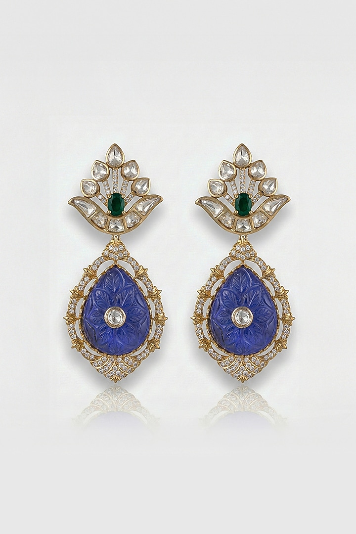 Gold Finish Kundan Polki & Blue Stone Dangler Earrings by Joules By Radhika at Pernia's Pop Up Shop