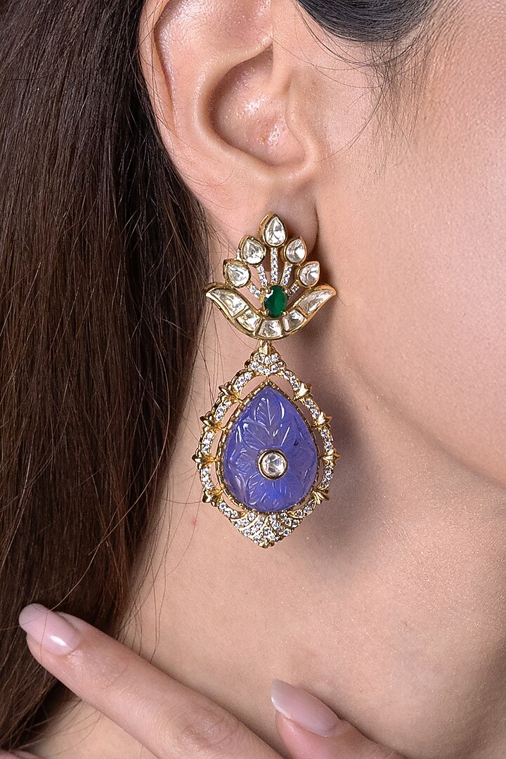 Gold Finish Kundan Polki & Blue Stone Dangler Earrings by Joules By Radhika at Pernia's Pop Up Shop