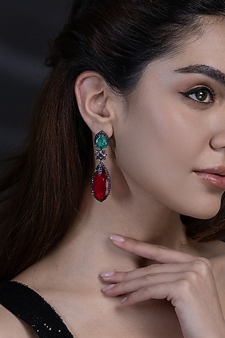 Black Rhodium Finish Red & Green Stone Dangler Earrings by Joules By Radhika