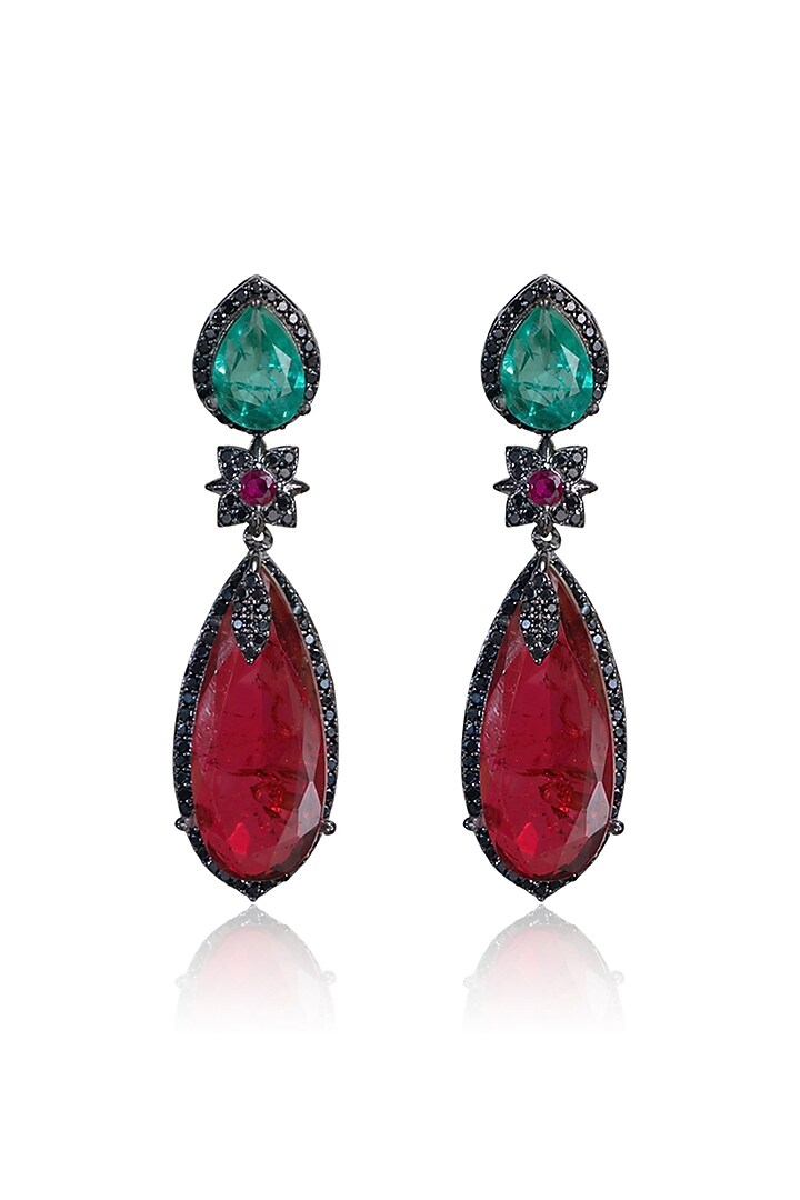 Black Rhodium Finish Red & Green Stone Dangler Earrings by Joules By Radhika at Pernia's Pop Up Shop