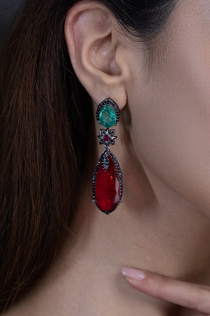 Black Rhodium Finish Red & Green Stone Dangler Earrings by Joules By Radhika at Pernia's Pop Up Shop