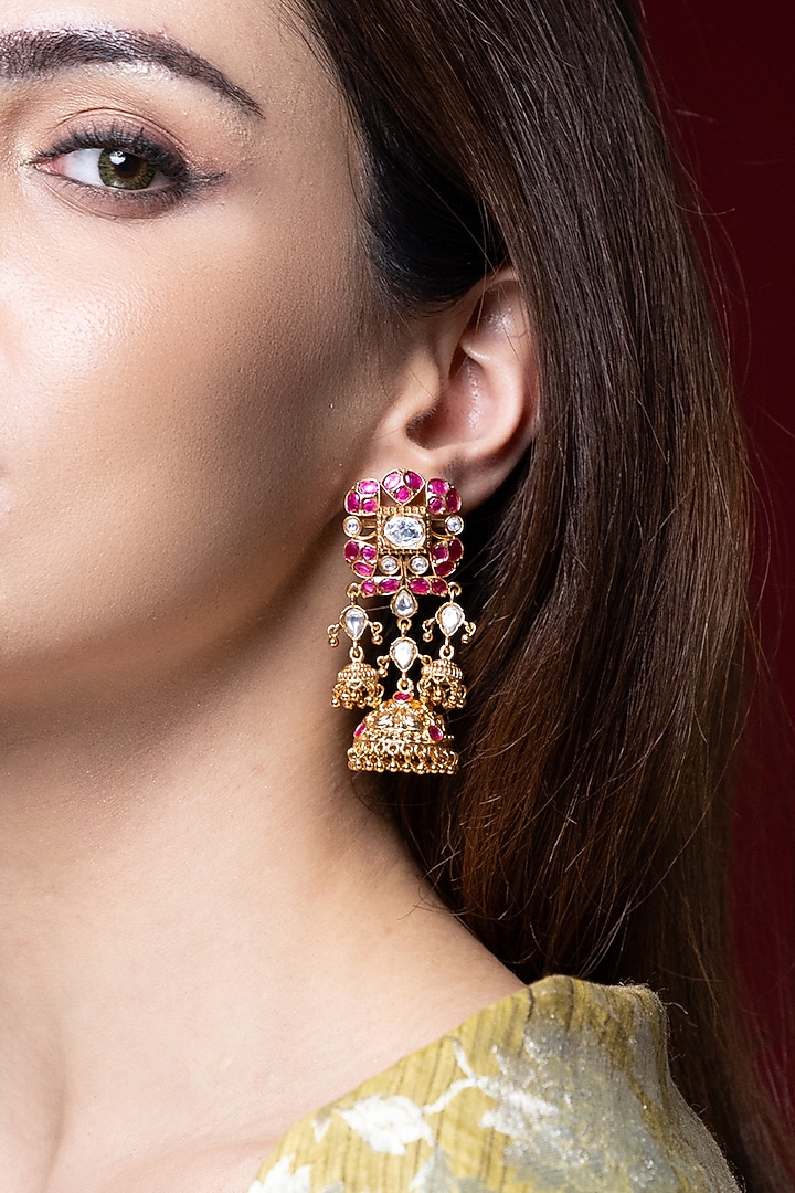 Gold Finish Kundan Polki & Pink Stone Dangler Earrings by Joules By Radhika at Pernia's Pop Up Shop