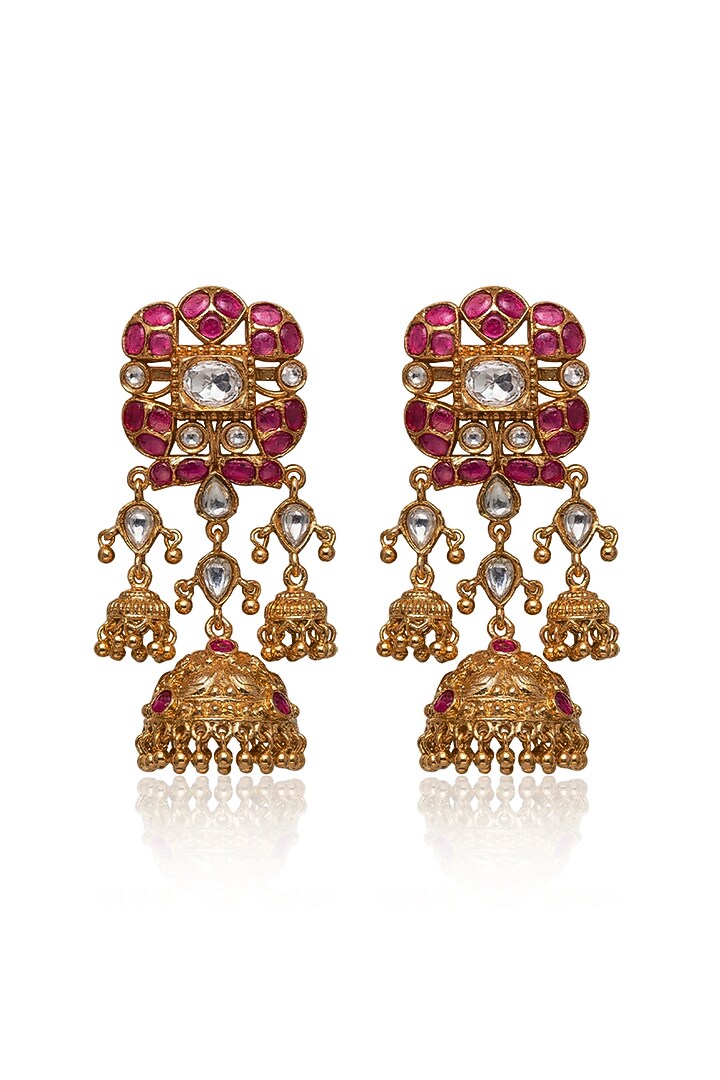Gold Finish Kundan Polki & Pink Stone Dangler Earrings by Joules By Radhika at Pernia's Pop Up Shop