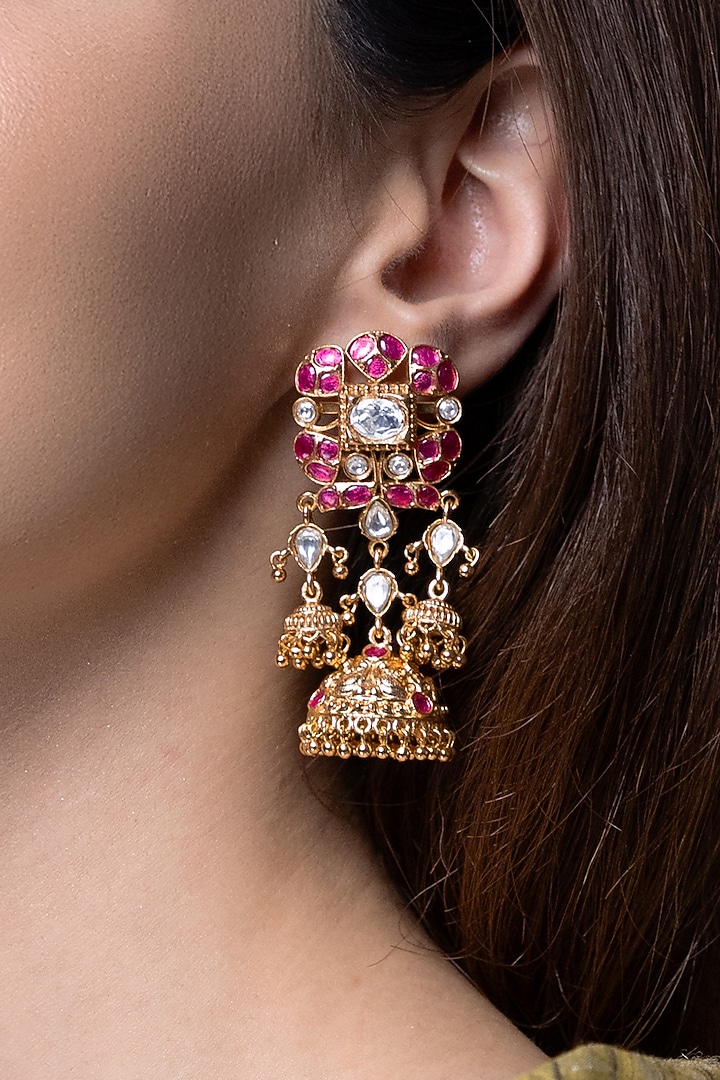 Gold Finish Kundan Polki & Pink Stone Dangler Earrings by Joules By Radhika at Pernia's Pop Up Shop