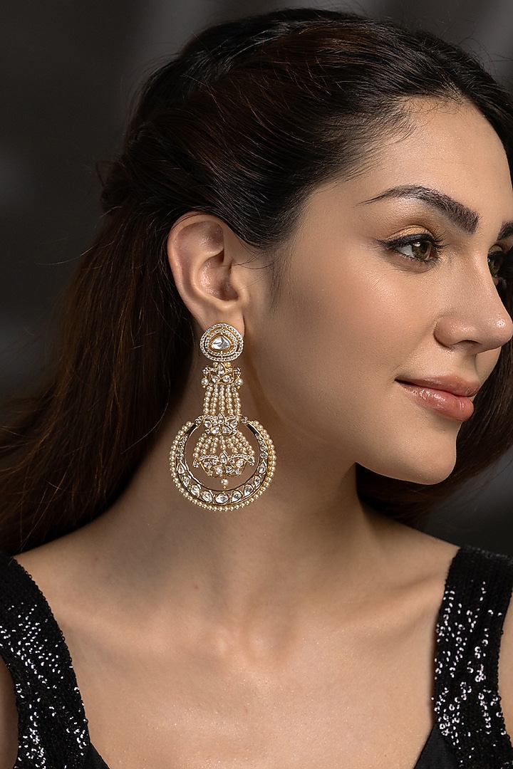 Gold Finish Kundan Polki Chandbali Earrings by Joules By Radhika at Pernia's Pop Up Shop