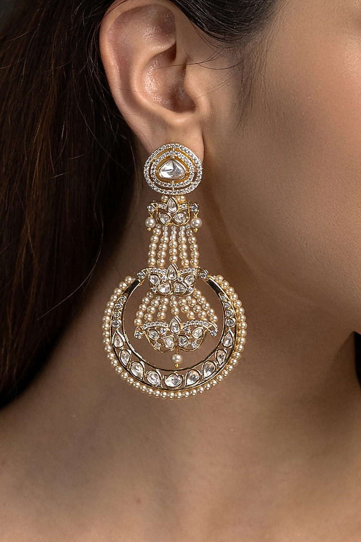 Gold Finish Kundan Polki Chandbali Earrings by Joules By Radhika at Pernia's Pop Up Shop