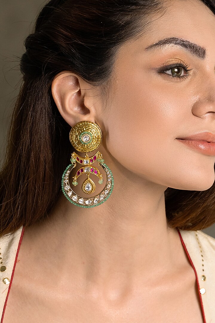 Gold Finish Multi-Colored Kundan Polki Dangler Earrings by Joules By Radhika at Pernia's Pop Up Shop