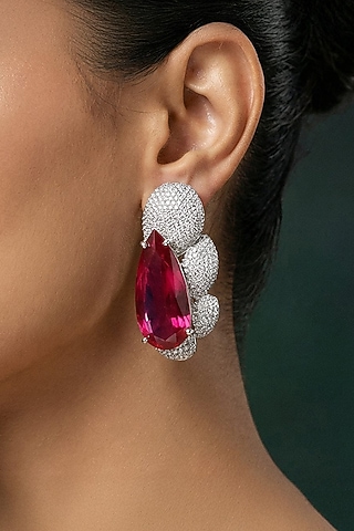 White Finish Zircon & Ruby Stone Dangler Earrings by Joules By Radhika