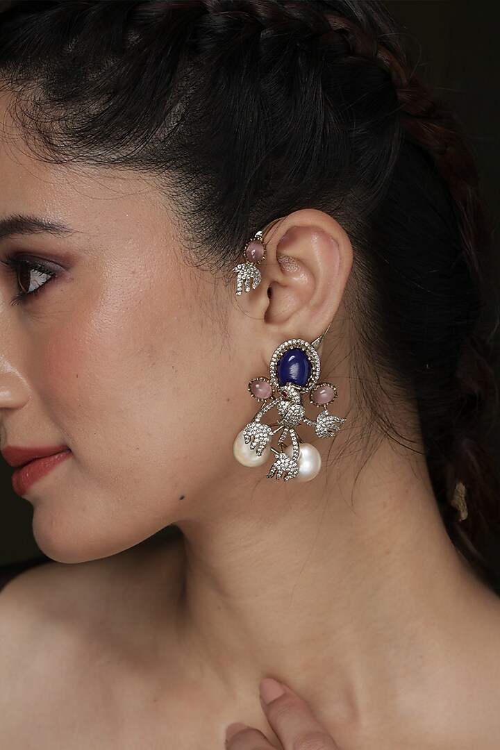Gold Finish Sapphire Stone Floral Ear Cuffs by Joules By Radhika at Pernia's Pop Up Shop