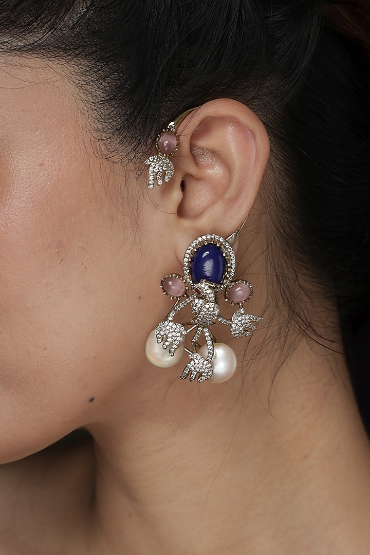Gold Finish Sapphire Stone Floral Ear Cuffs by Joules By Radhika at Pernia's Pop Up Shop