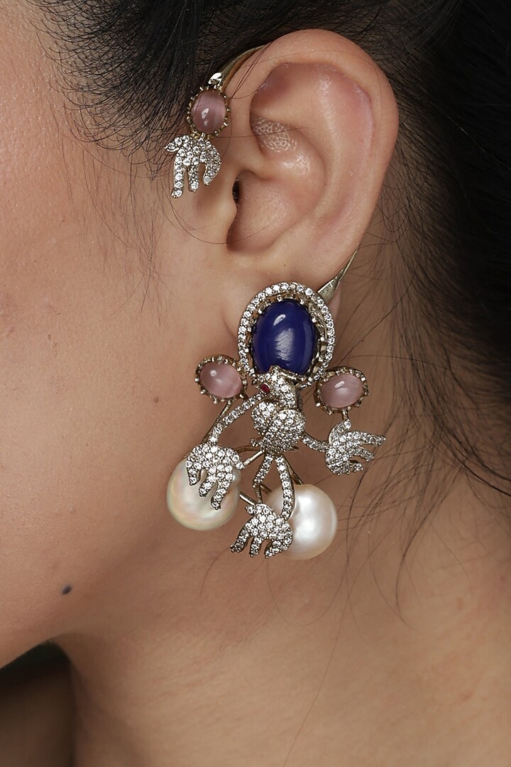 Gold Finish Sapphire Stone Floral Ear Cuffs by Joules By Radhika at Pernia's Pop Up Shop