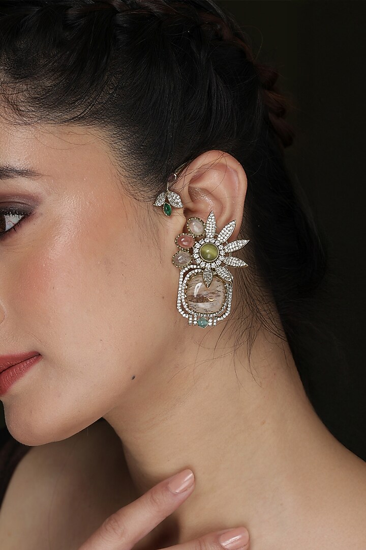 Gold Finish Green Gemstone Floral Ear Cuffs by Joules By Radhika at Pernia's Pop Up Shop