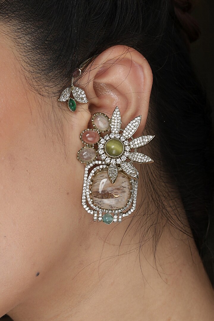 Gold Finish Green Gemstone Floral Ear Cuffs by Joules By Radhika at Pernia's Pop Up Shop