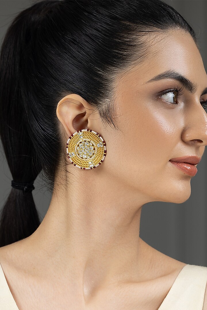Gold Finish Kundan Polki & Red Beaded Stud Earrings by Joules By Radhika at Pernia's Pop Up Shop