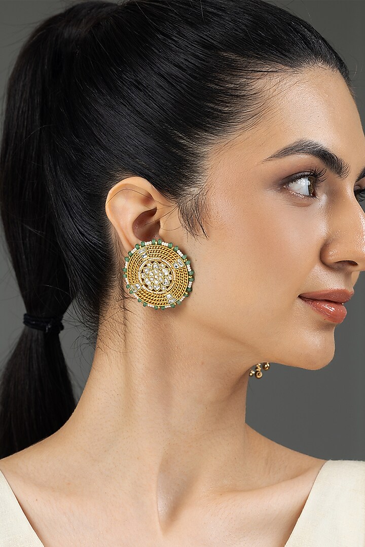 Gold Finish Kundan Polki & Green Beaded Stud Earrings by Joules By Radhika at Pernia's Pop Up Shop