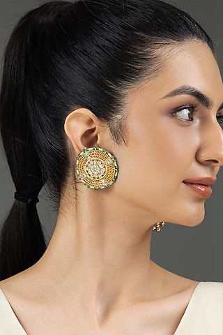Gold Finish Kundan Polki & Green Beaded Stud Earrings by Joules By Radhika