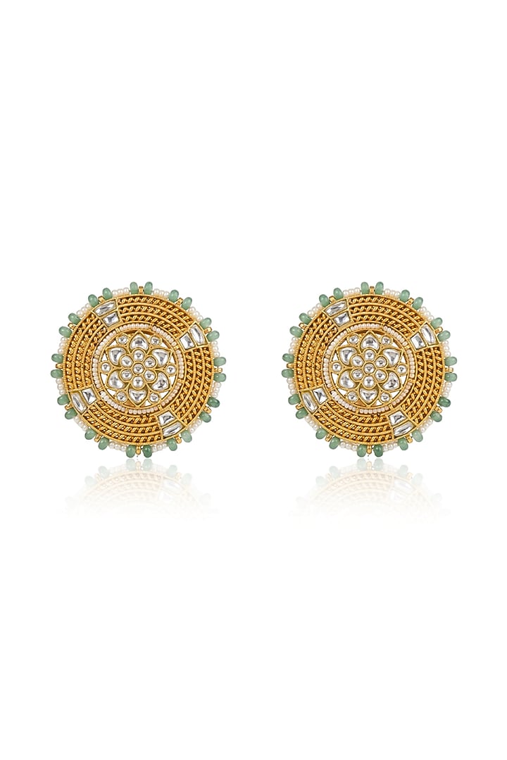 Gold Finish Kundan Polki & Green Beaded Stud Earrings by Joules By Radhika at Pernia's Pop Up Shop