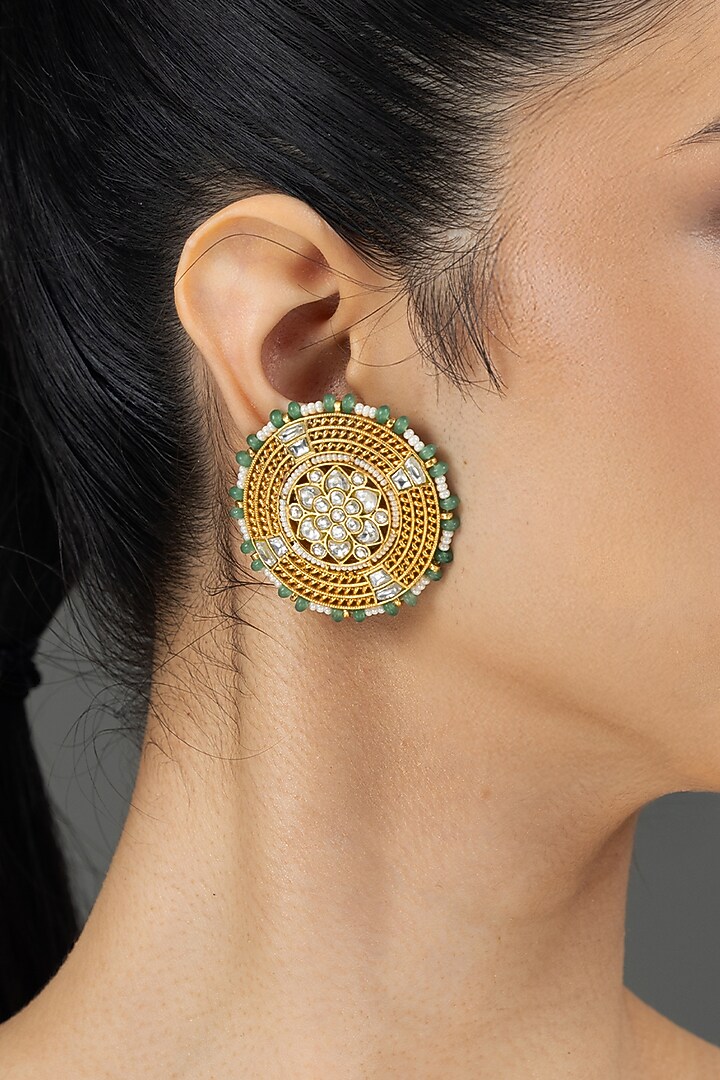 Gold Finish Kundan Polki & Green Beaded Stud Earrings by Joules By Radhika at Pernia's Pop Up Shop