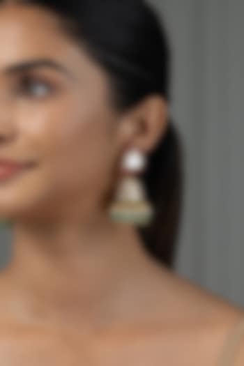 Gold Finish Kundan Polki & Pink Stone Jhumka Earrings by Joules By Radhika at Pernia's Pop Up Shop