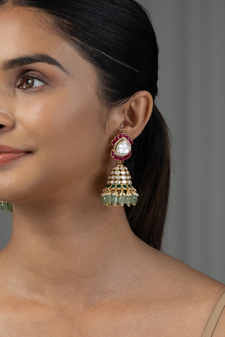 Gold Finish Kundan Polki & Pink Stone Jhumka Earrings by Joules By Radhika at Pernia's Pop Up Shop