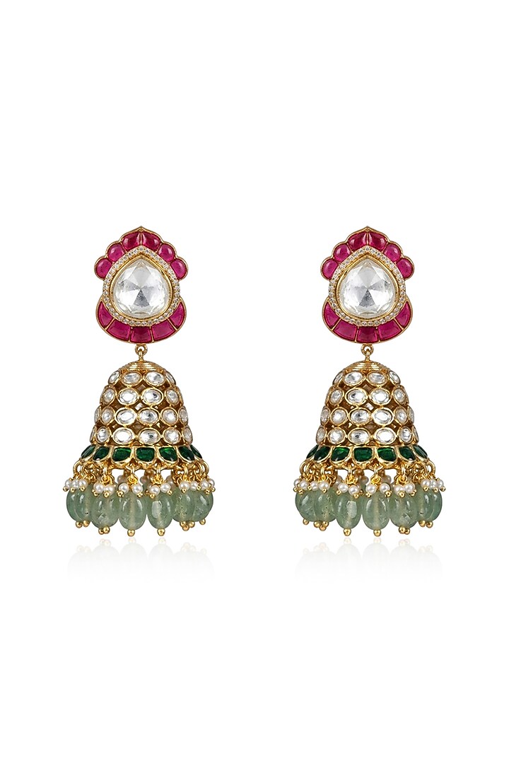 Gold Finish Kundan Polki & Pink Stone Jhumka Earrings by Joules By Radhika at Pernia's Pop Up Shop