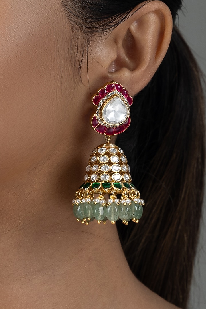 Gold Finish Kundan Polki & Pink Stone Jhumka Earrings by Joules By Radhika at Pernia's Pop Up Shop