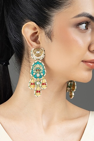 Gold Finish Kundan Polki Green & Red Meenakari Dangler Earrings by Joules By Radhika