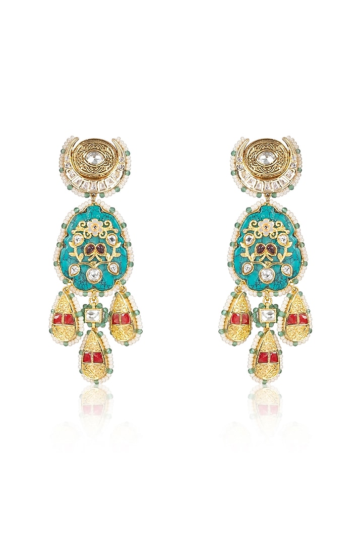 Gold Finish Kundan Polki Green & Red Meenakari Dangler Earrings by Joules By Radhika at Pernia's Pop Up Shop
