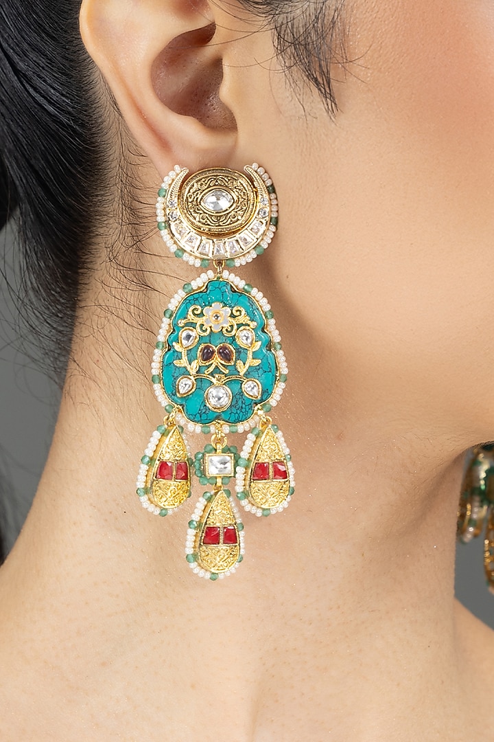 Gold Finish Kundan Polki Green & Red Meenakari Dangler Earrings by Joules By Radhika at Pernia's Pop Up Shop