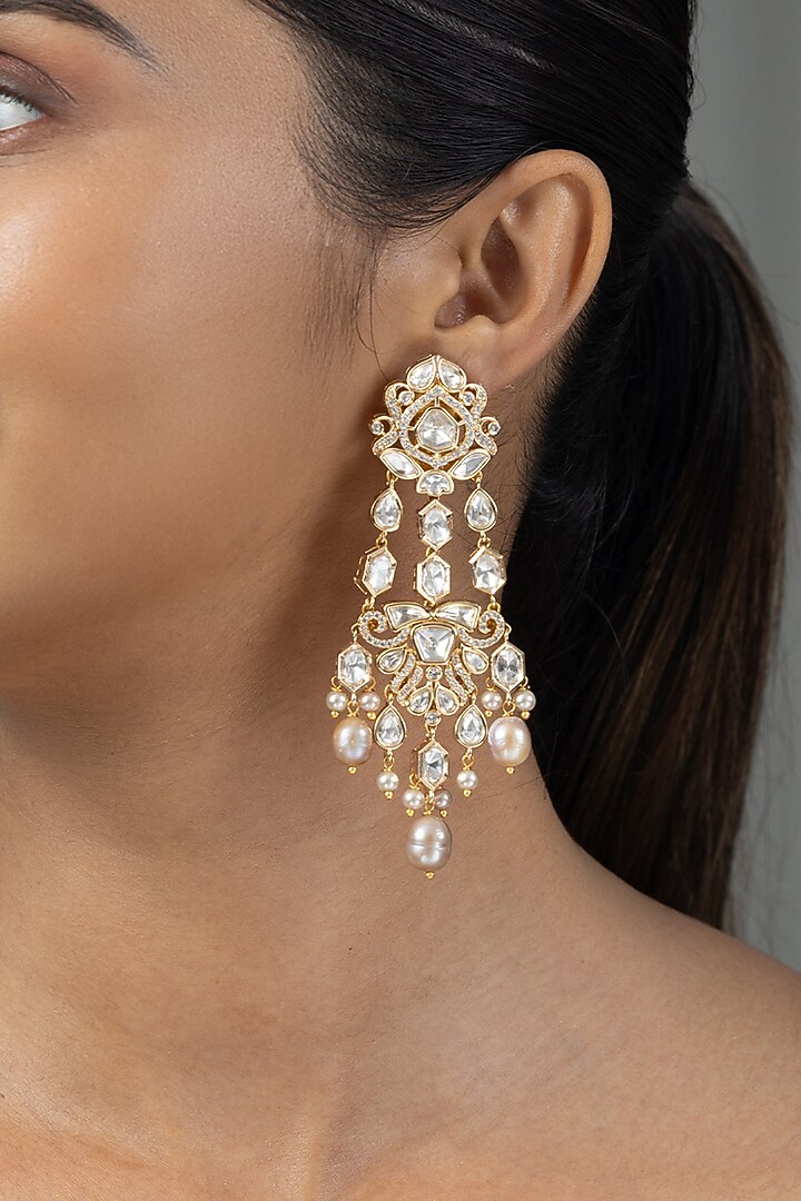 Gold Finish Kundan Polki Dangler Earrings by Joules By Radhika at Pernia's Pop Up Shop