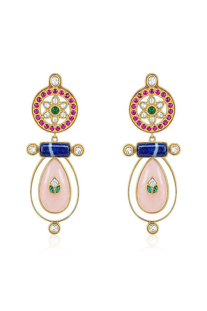 Gold Finish Kundan Polki & Pink Quartz Stone Dangler Earrings by Joules By Radhika at Pernia's Pop Up Shop