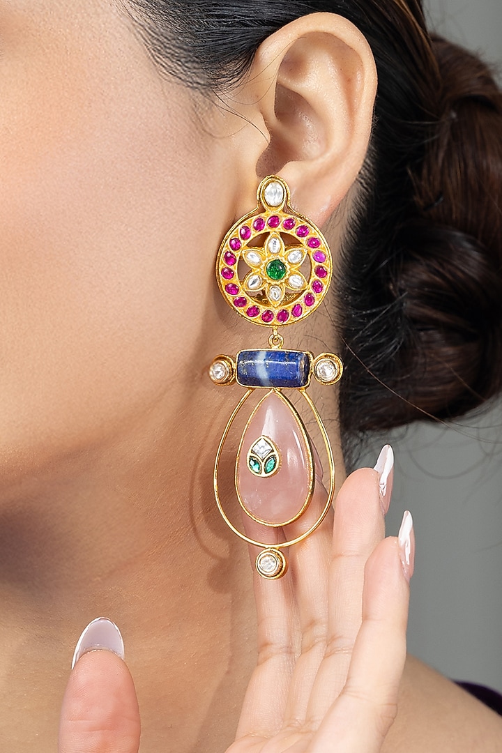Gold Finish Kundan Polki & Pink Quartz Stone Dangler Earrings by Joules By Radhika at Pernia's Pop Up Shop